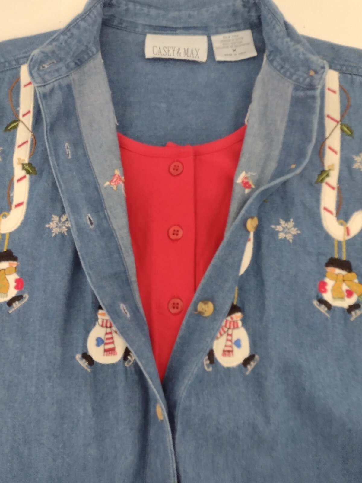 CASEY & MAX Vtg Denim Christmas Shirt Embroidered Size Medium Attached Tank Top