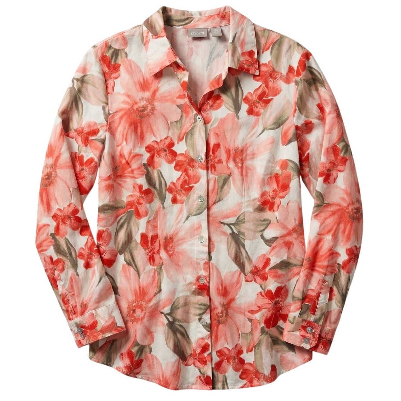 Chico’s Womens M Bloomcore Resortwear Coastal Vacation Artsy Button Up Blouse