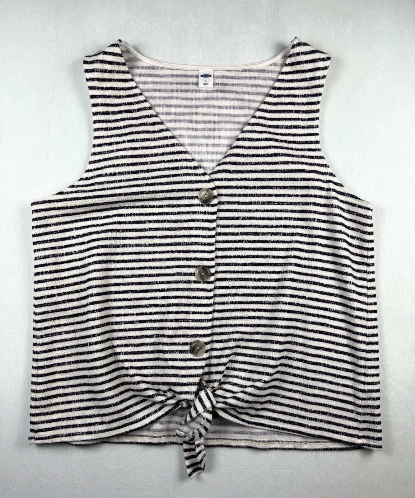 Old Navy Sleeveless Crop Top Button Tie Front Sz L Navy Blue Stripe Boxy Stretch
