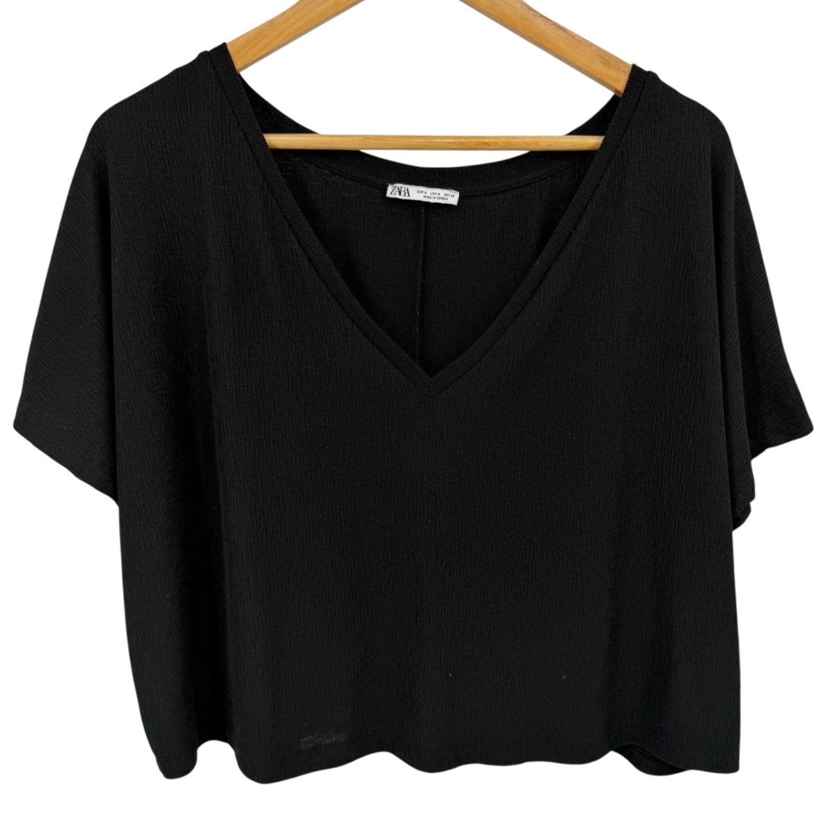 Zara Womens Medium Slouchy Top Black V-Neck Short Sleeve Boxy Ribbed Knit Shirt