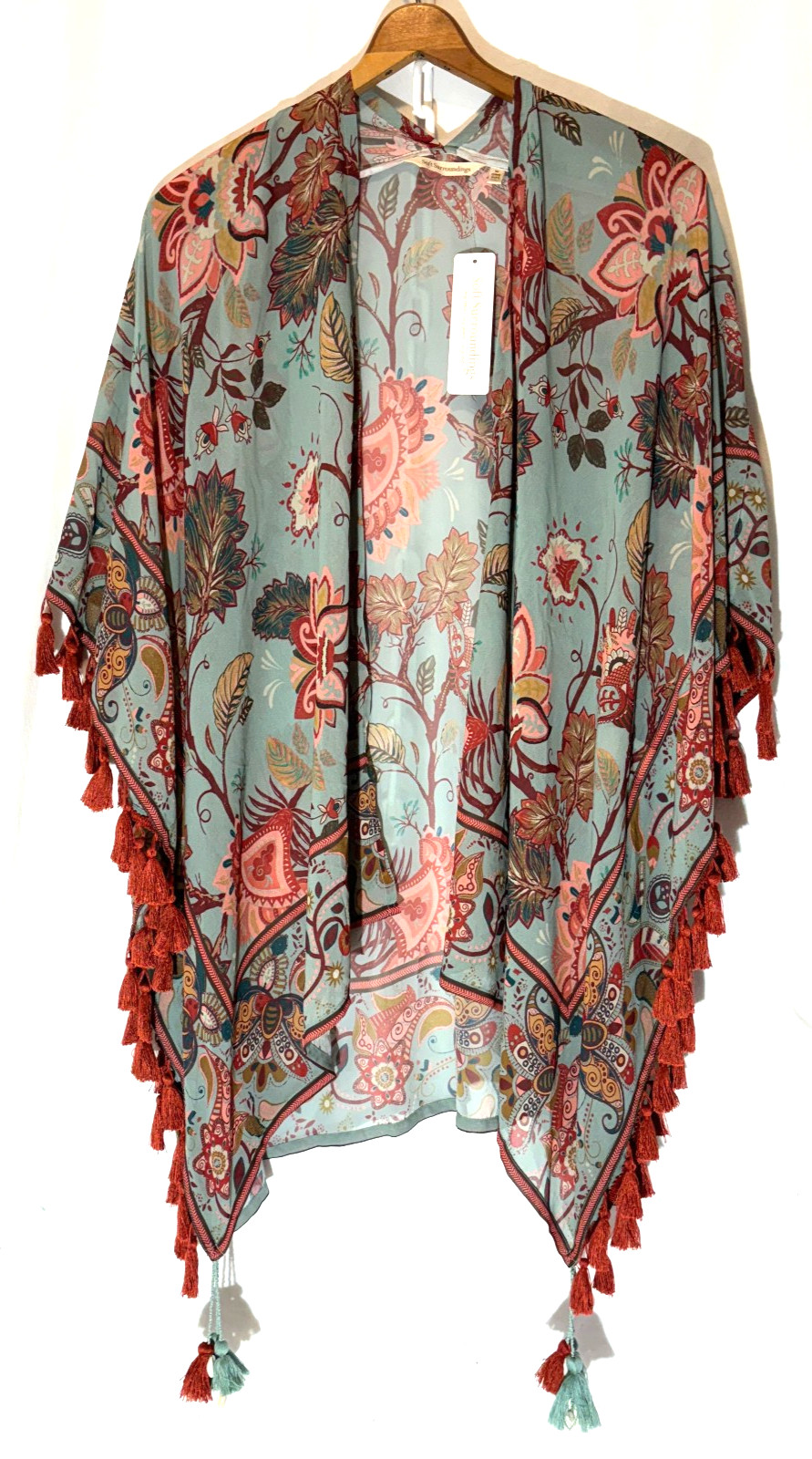 NWT Soft Surroundings Esme Topper Kimono Boho Blue Floral Fringe One Size