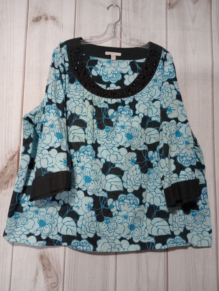 JM Collection Woman Blue Black Floral Beaded Neck 3/4 Sleeve Cotton Blouse 24W