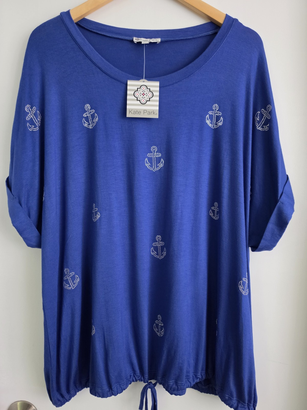 Kate Park Plus Blue Short Sleeve Blouse Lightweight Anchor Nautical Size 3X NWT