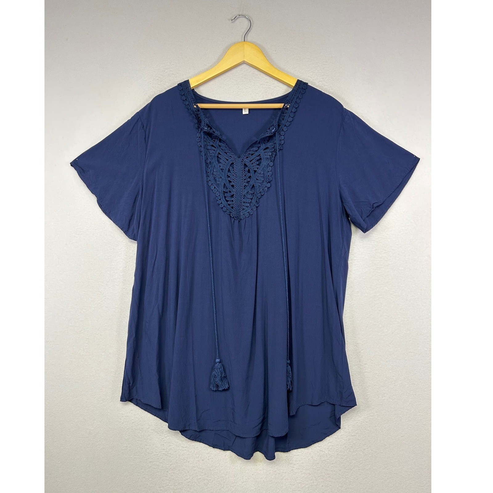 Boho Peasant Ekouaer Women XL Blue Crochet Lace Tassel V-Neck Short Slv Blouse