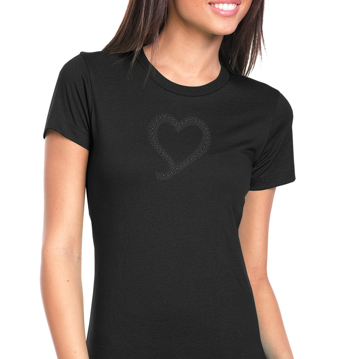 Womens T-Shirt Rhinestone Wear Bling Black Fitted Tee Abstract Heart Diamond