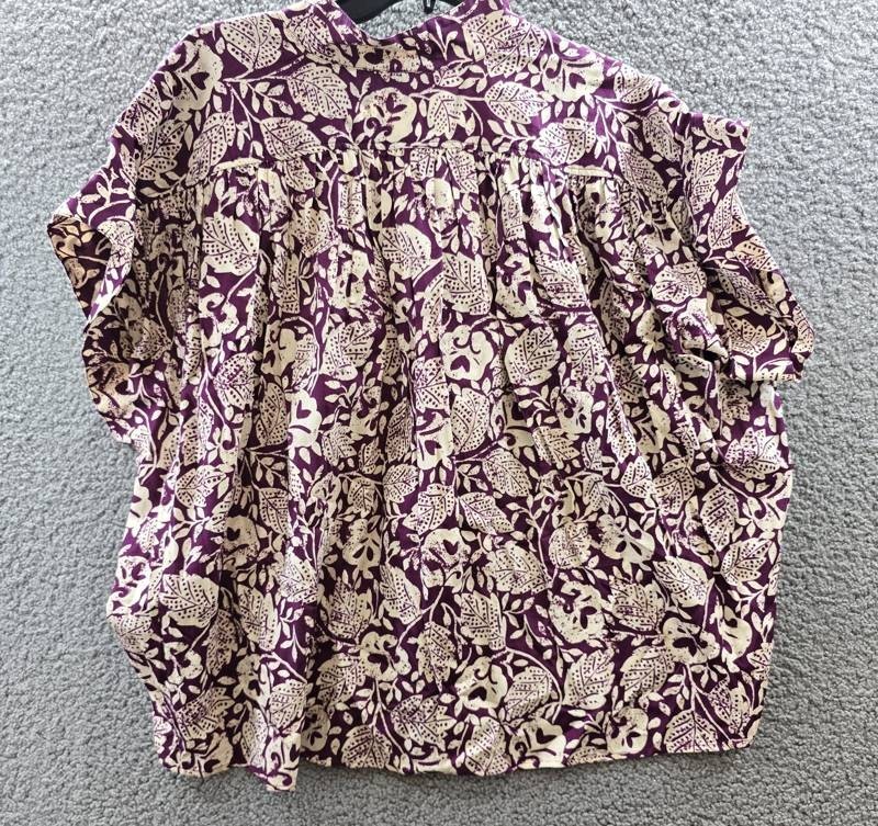 Vanessa Bruno Cory Print Top Women’s M/L Plum/Cream Short Sleeve V-Neck Pullover