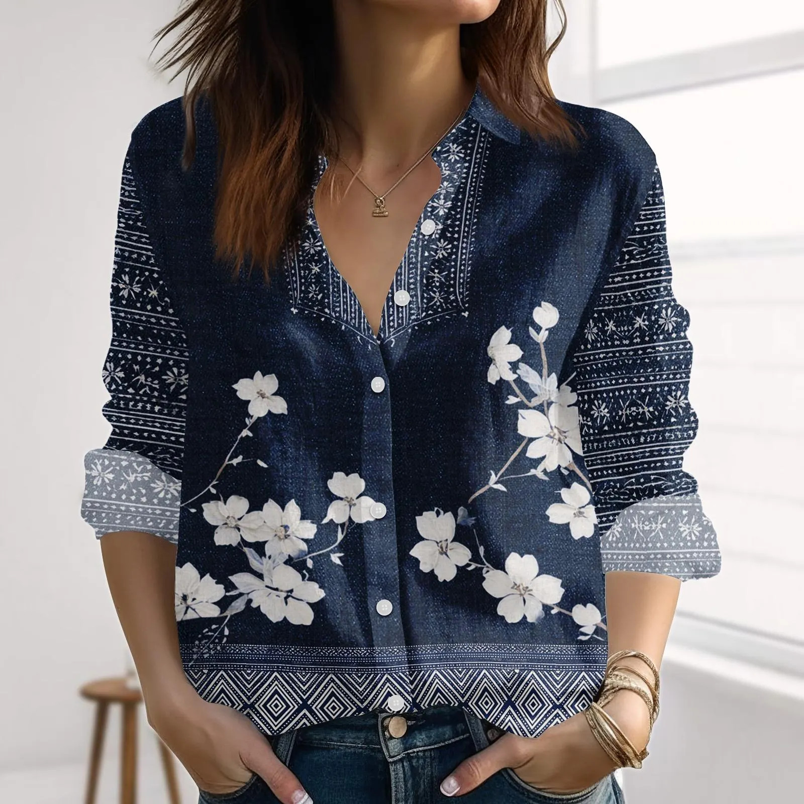Indigo Blue Floral Shirt Japanese Style Botanical Top Chic Boho Gift for Women
