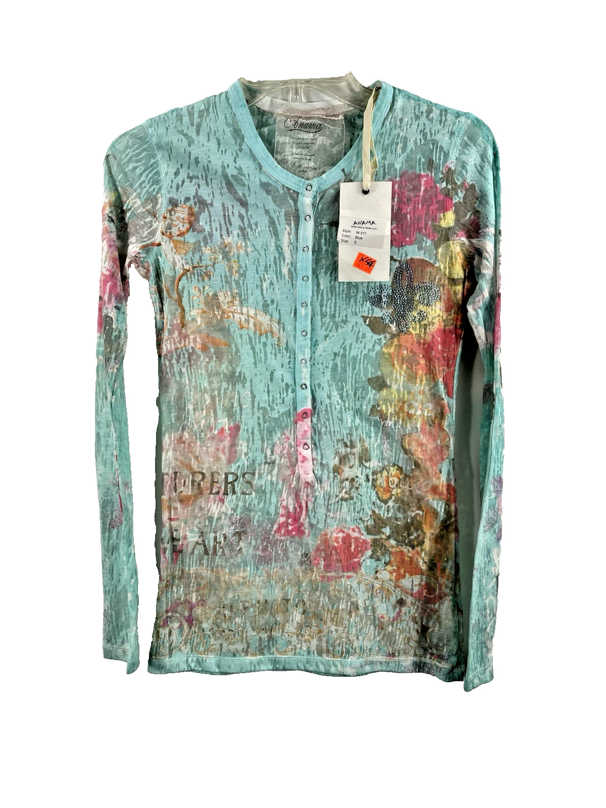 Anama Women Juniors Top Blue Turquoise Pink Orange Sheer Long Sleeve Size Small