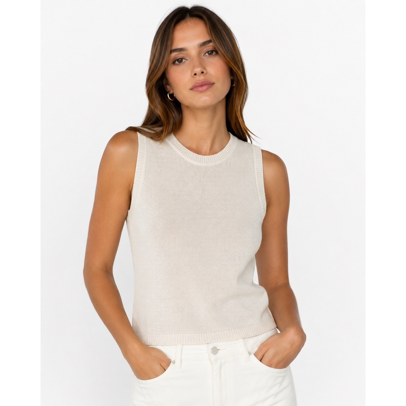 Zara Womens Cream Sleeveless Knit Crewneck Tank Top XL Cotton Blend