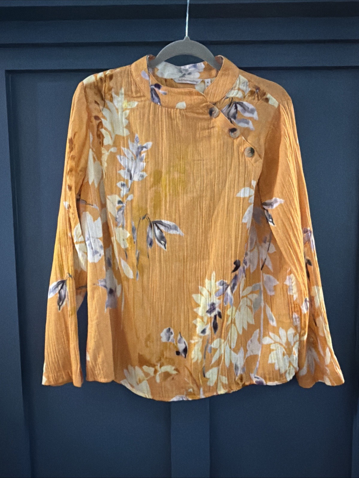 Soft Surroundings Women’s Top Boho Orange Floral Blouse Mandarin Collar Size M