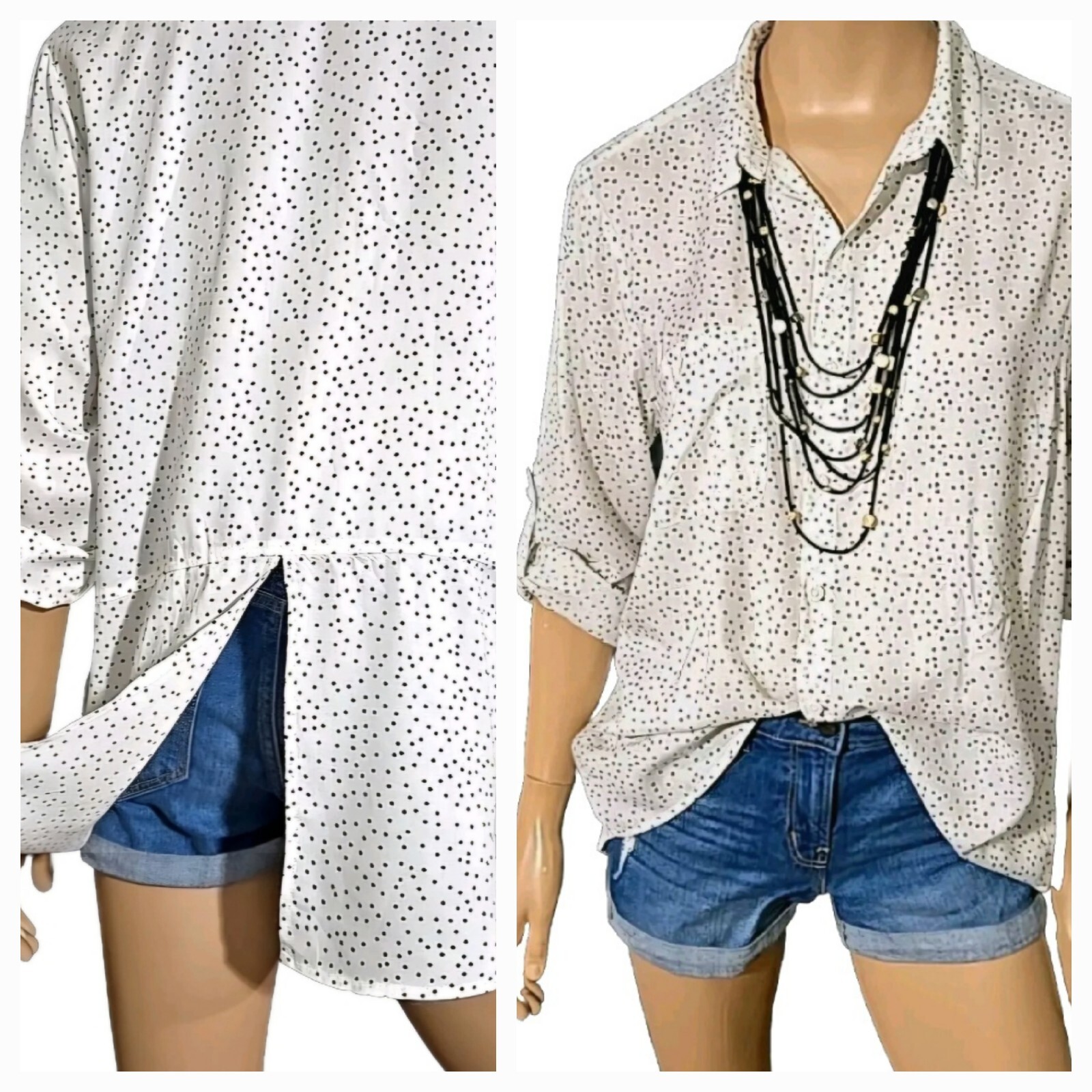 BEACH LUNCH LOUNGE Button Up Roll Tab Sleeve Split Back Shirt Polka Dot sz L/XL