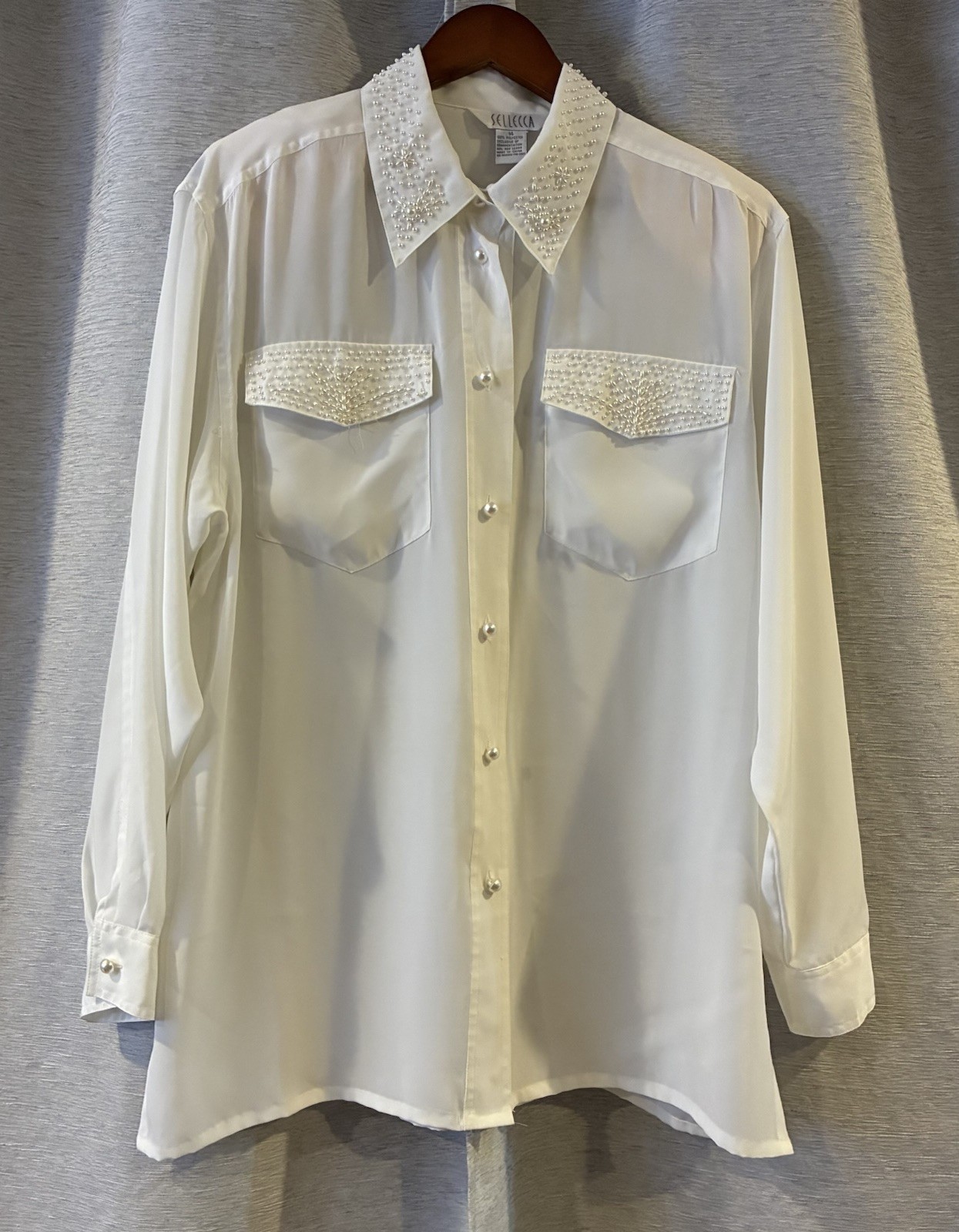 VTG SELLECCA SHIRT WOMENS SZ 14 FAUX PEARL EMBELLISHED COLLAR CUFFS BUTTON UP