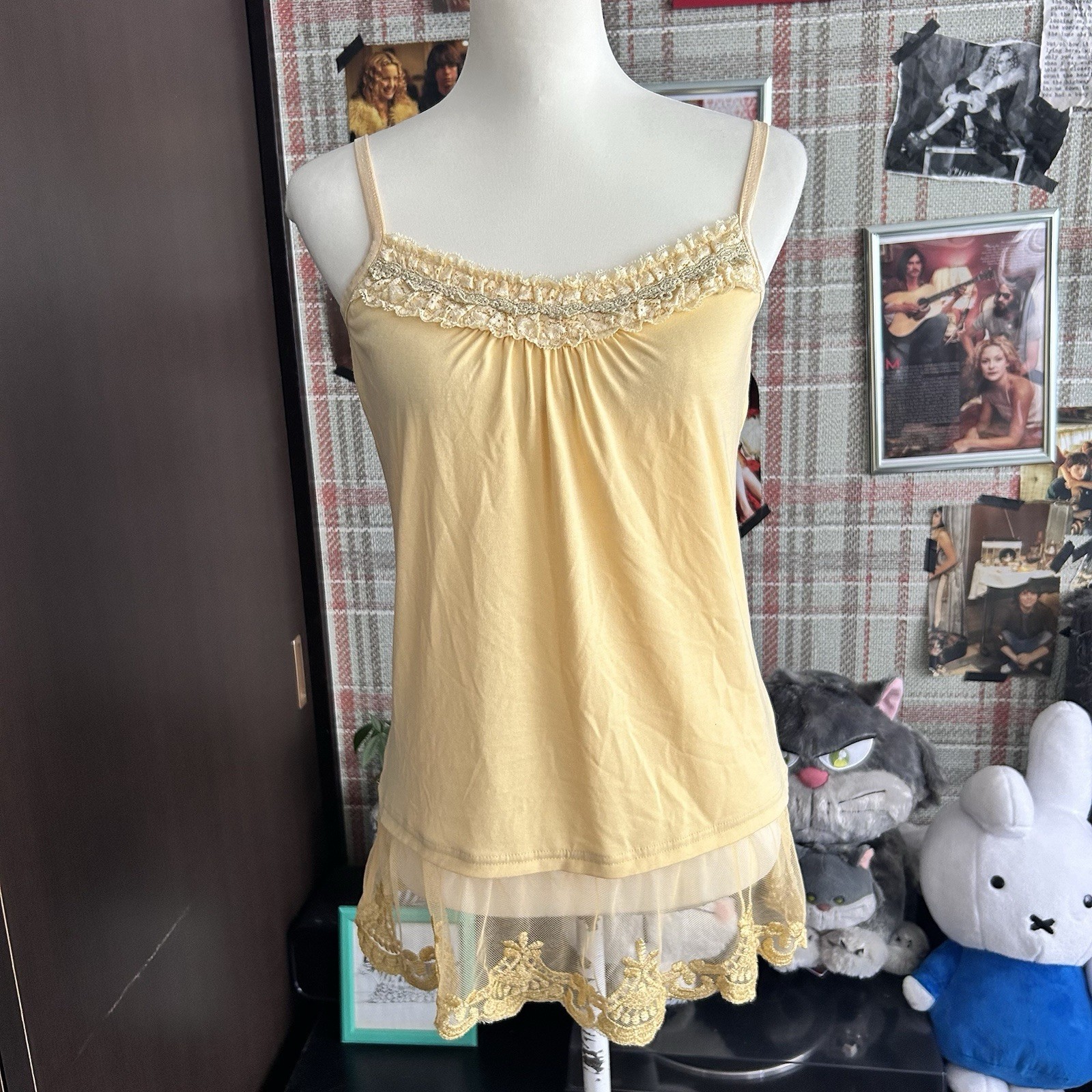 axes femme Baby Doll Camisole Yellow Tulle Lace Embroidery Romantic Layering