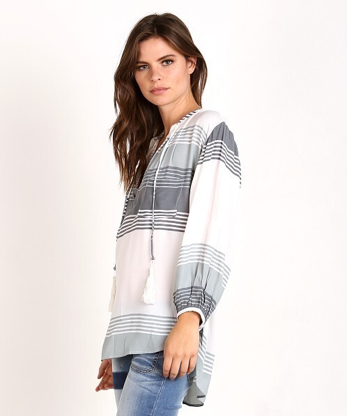 Faithfull The Brand Alice Shirt Size 8 White Gray Stripe Tassel V-Neck Relaxed