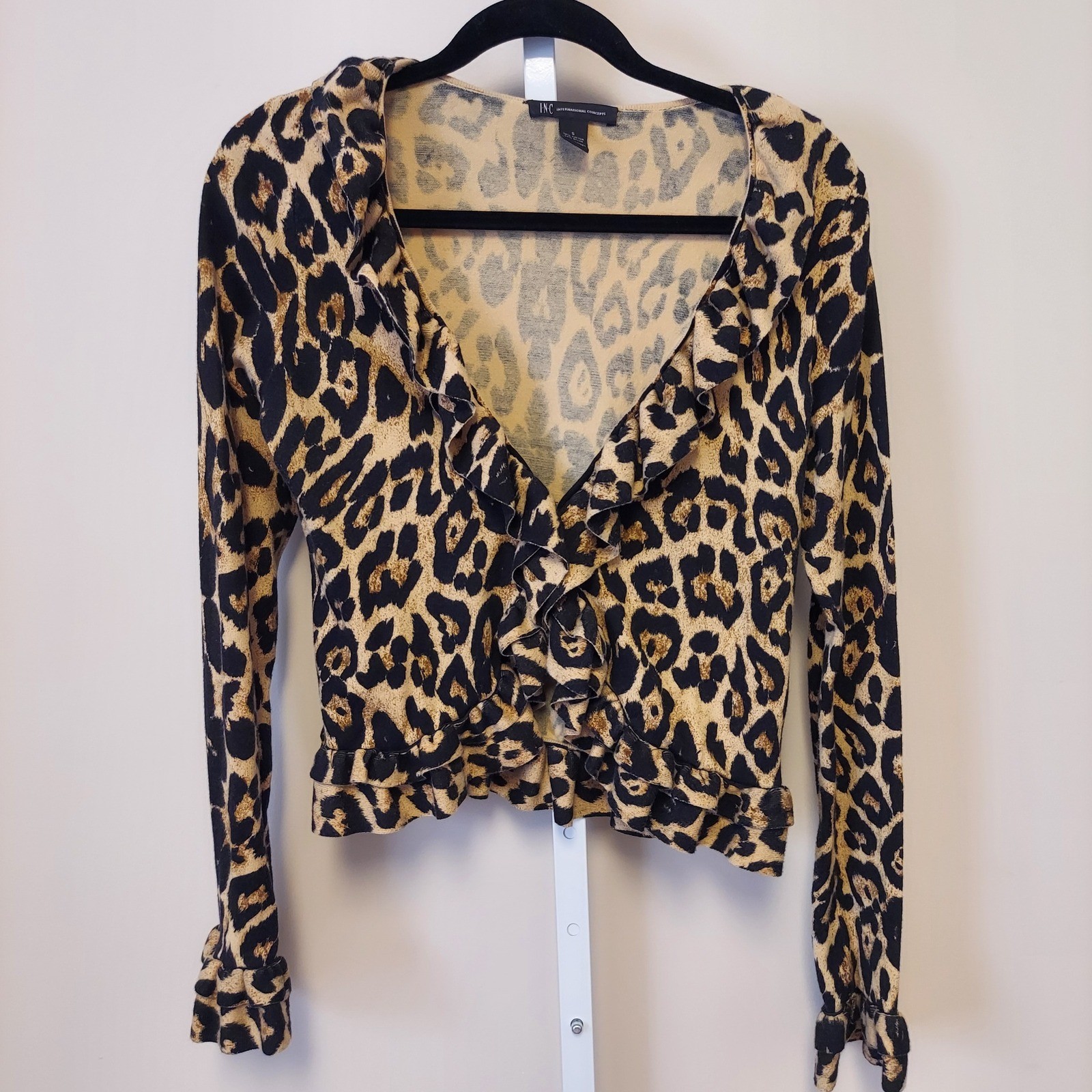 INC Leopard Print Ruffle Cardigan S Animal Print Y2K Maximalist Indie Sleeze