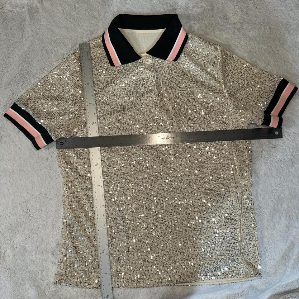 Silver sequin polo shirt with pink and black trim NEW LARGE