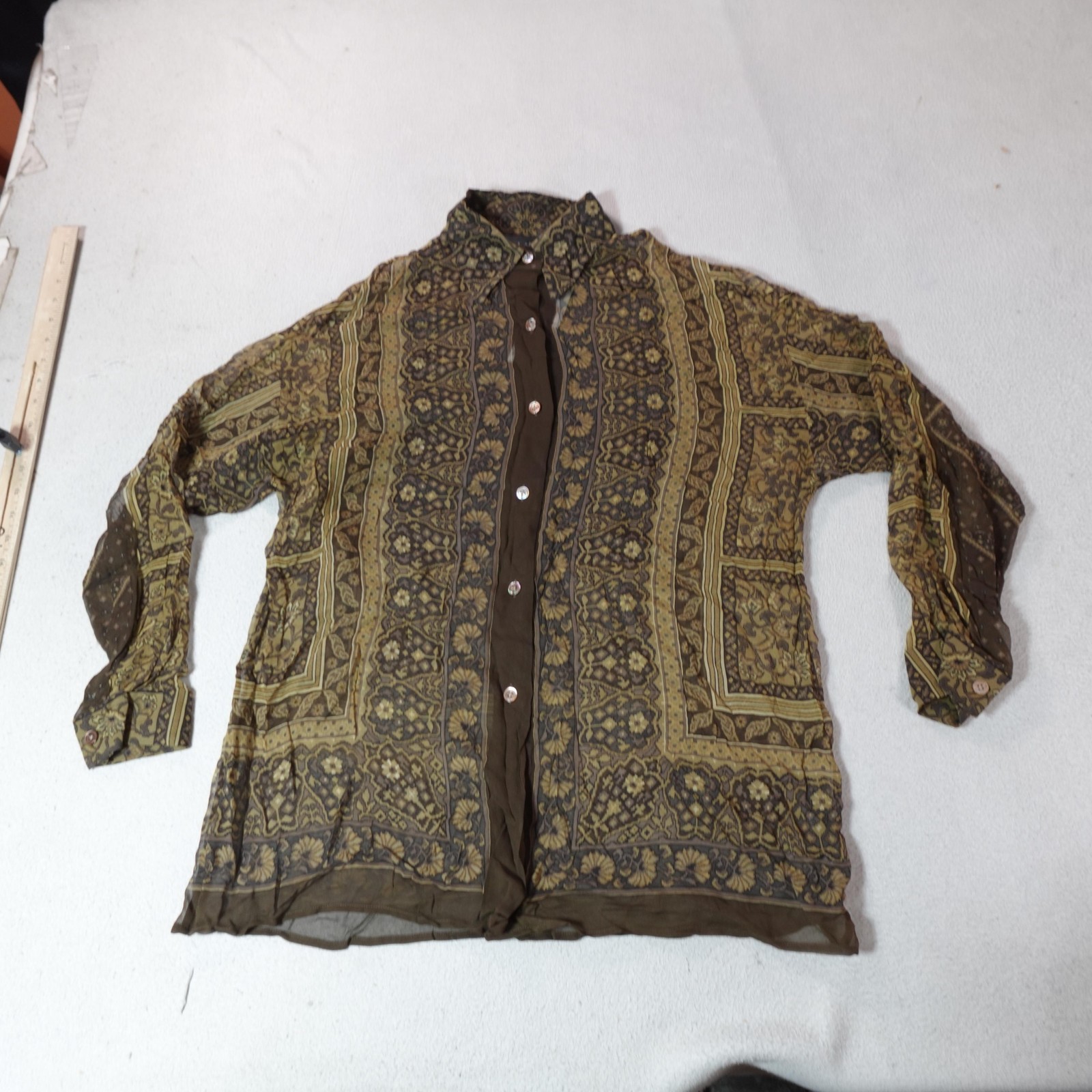 Linda Allard Ellen Tracy Shirt Womens 10 Silk Sheer Paisley Boho Hippie Outdoor