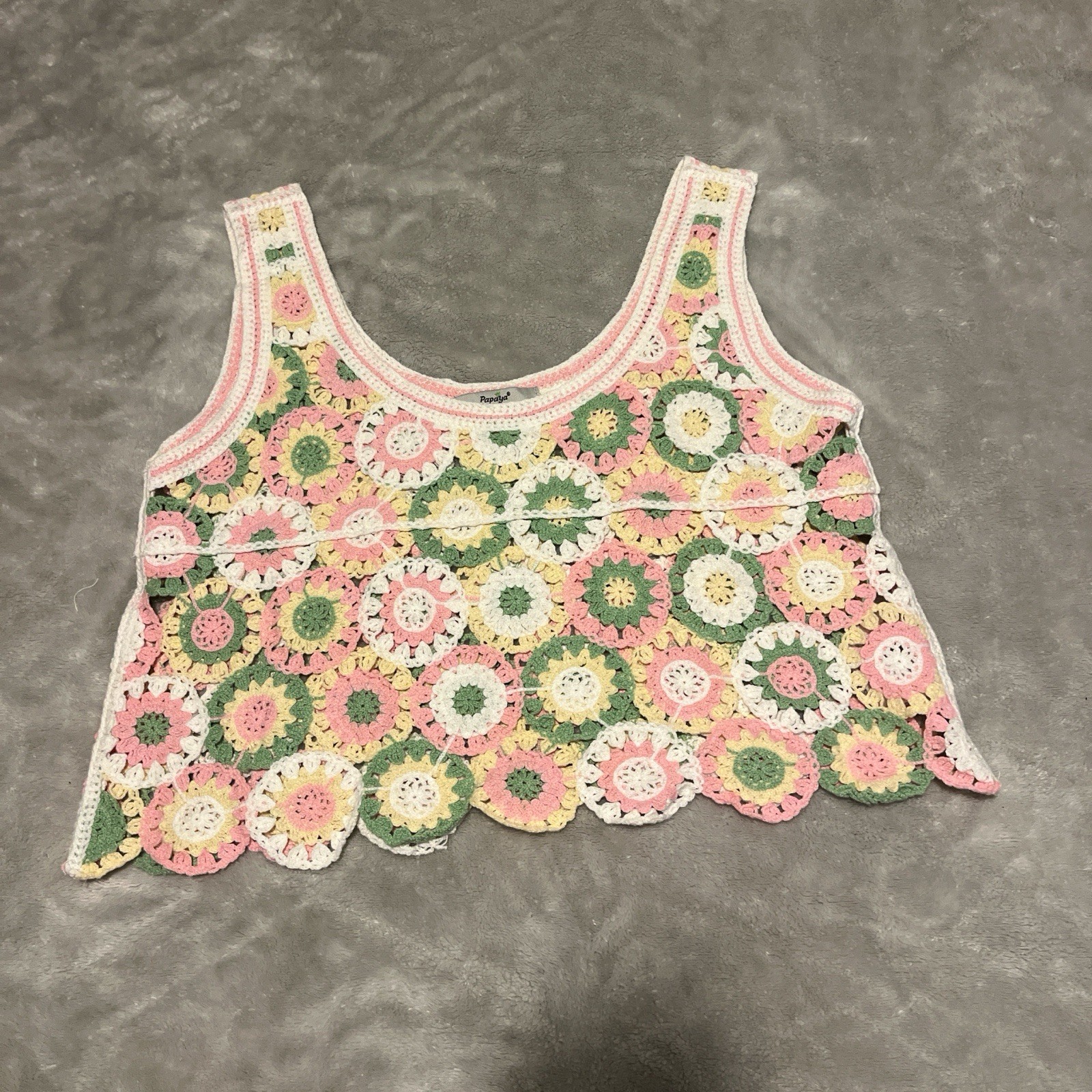 Crochet Crop Top Floral Granny Square Pink Green Sleeveless Tank Large Boho