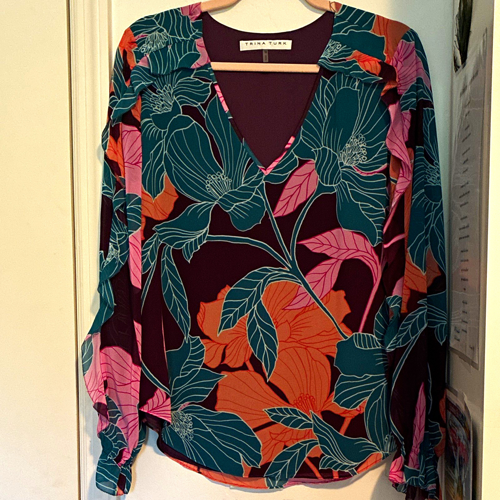 Trina Turk Women’s M Multicolor Floral Chiffon V-Neck Ruffle Pullover Blouse