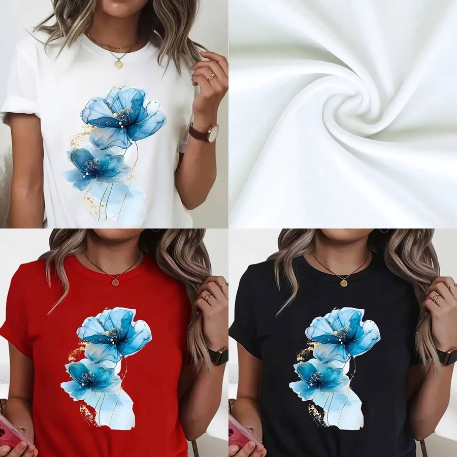 Casual Women Cotton Floral T-Shirt Short Sleeve Top Summer Flower Boho Fashion♮