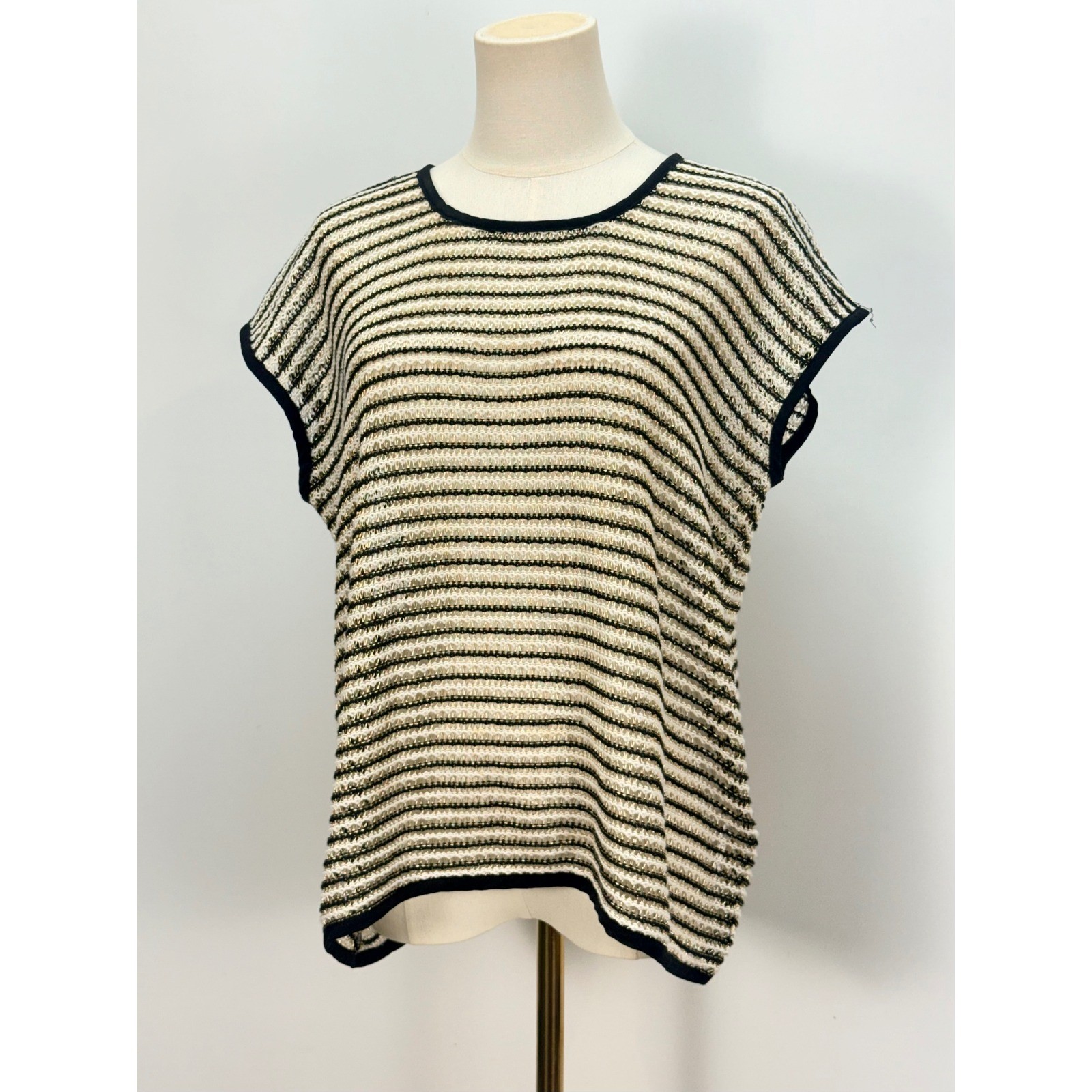 Chicos Collection Striped Metallic Knit Top Black Gold White Cap Sleeve Size 1
