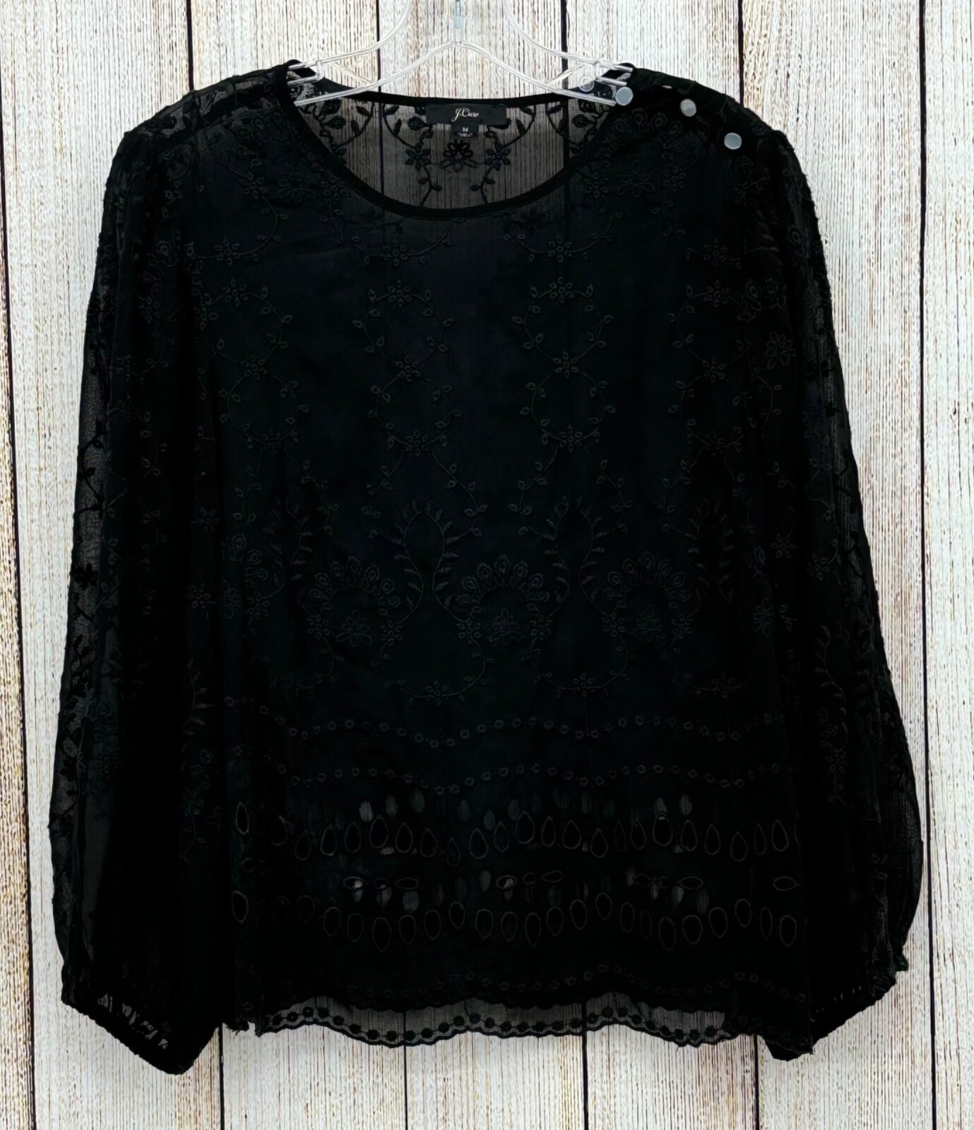 J Crew Black Lace Top Size Medium Long Sleeve Eyelet Lace Blouse Semi Sheer