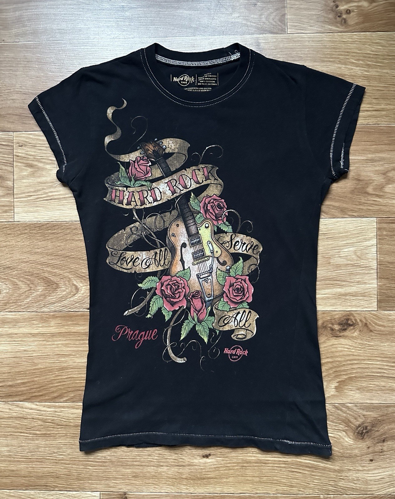 Hard Rock Cafe Prague Guitar Rose Graphic Baby Tee Y2K Black Shirt S Small