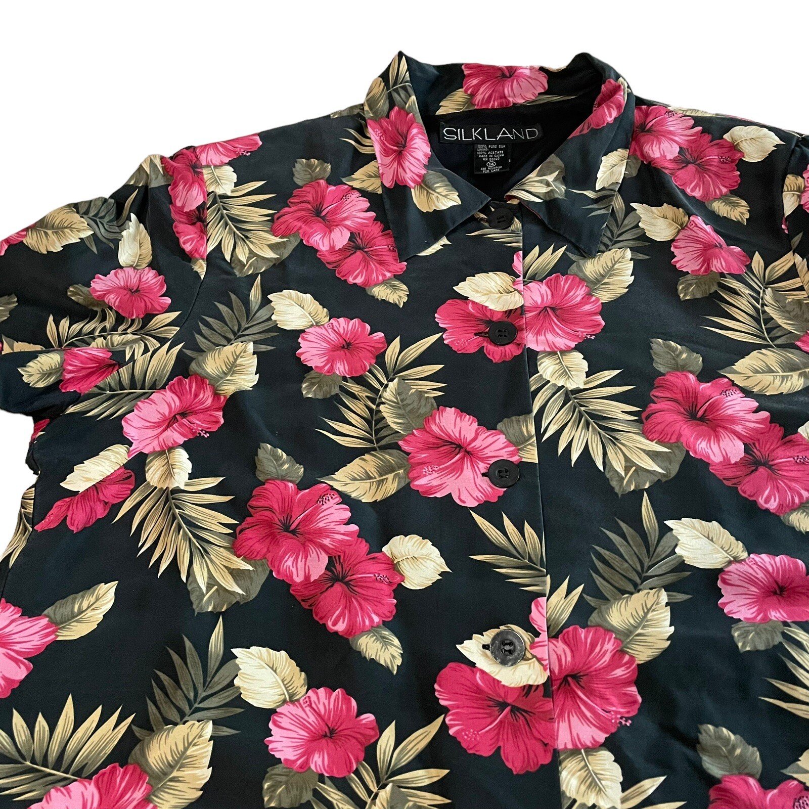 Silk Land Shirt Women Blouse Size 14 Pure Silk Hawaii Floral Short Sleeve
