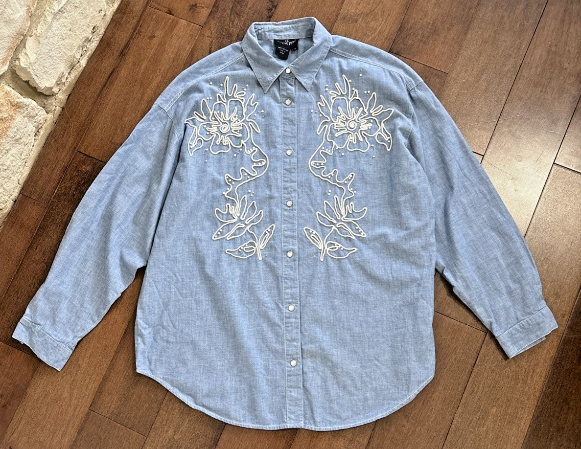 Carole Little Sport Embellished Snap Button Shirt Womens 10 Blue Long Sleeve