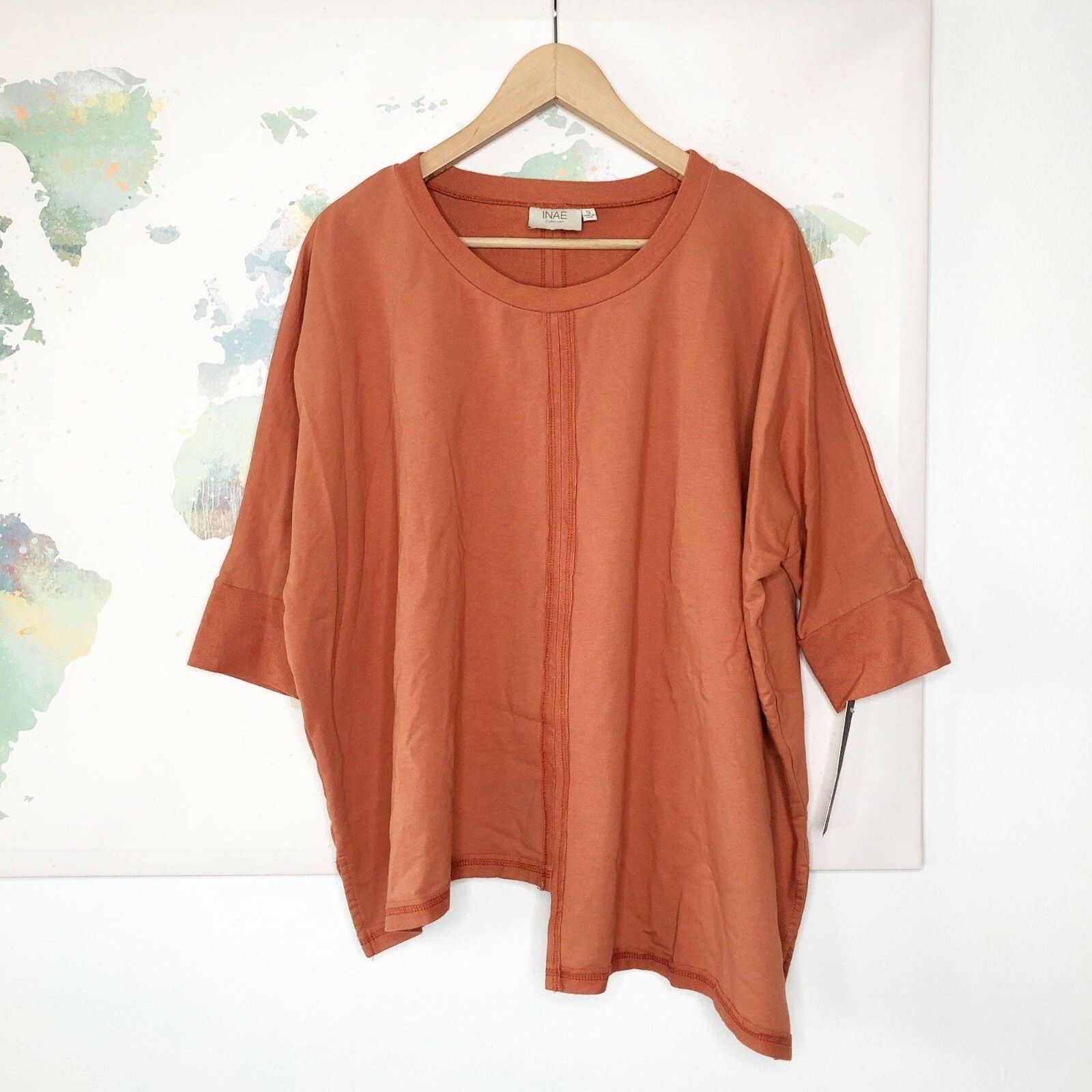 INAE Collection Top Small Tunic Oversized Lagenlook Orange Asymmetrical Hem NWT