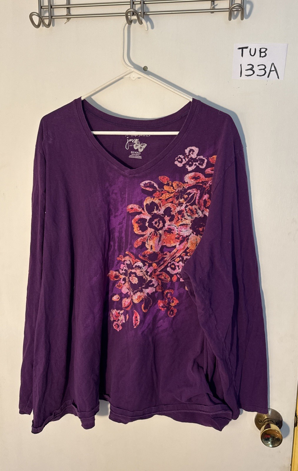 Just My Size Women’s Purple Floral Long Sleeve Vneck Tshirt Size 4 X