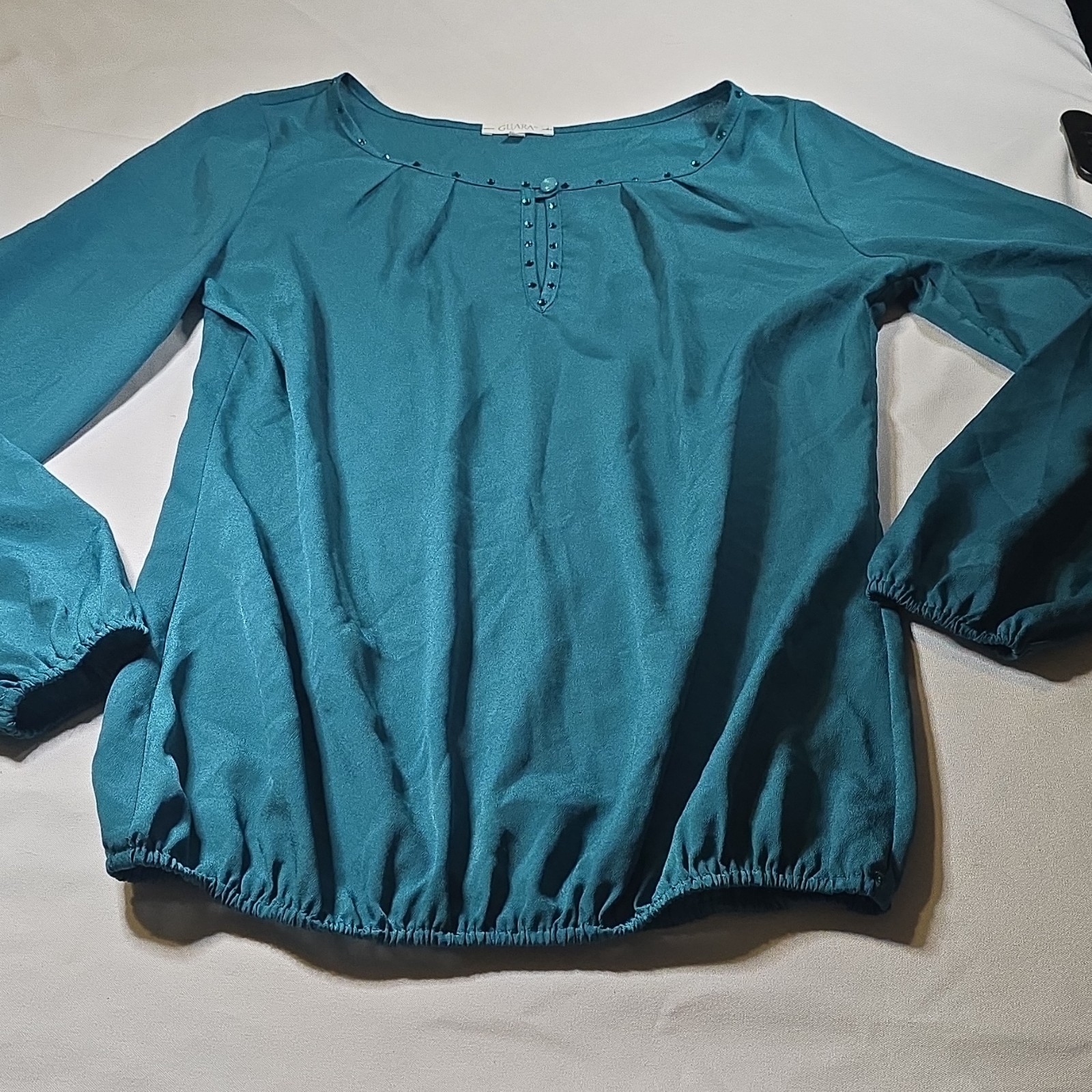 GUARA Teal Solid Beaded Woven Round Neck Long Sleeve Blouse Womens 36 B26
