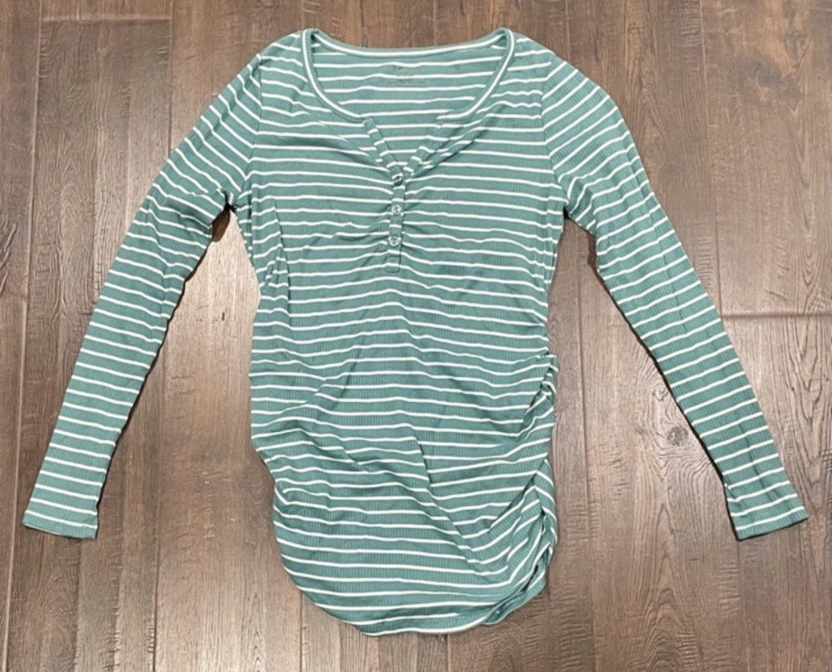 Motherhood Maternity Green/White Striped Henley Button Stretch Long Sleeve Top