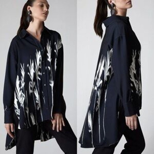 NATORI Black White Print Bamboo Crepe Tunic Button-Up Long Shirt S/M Oversize