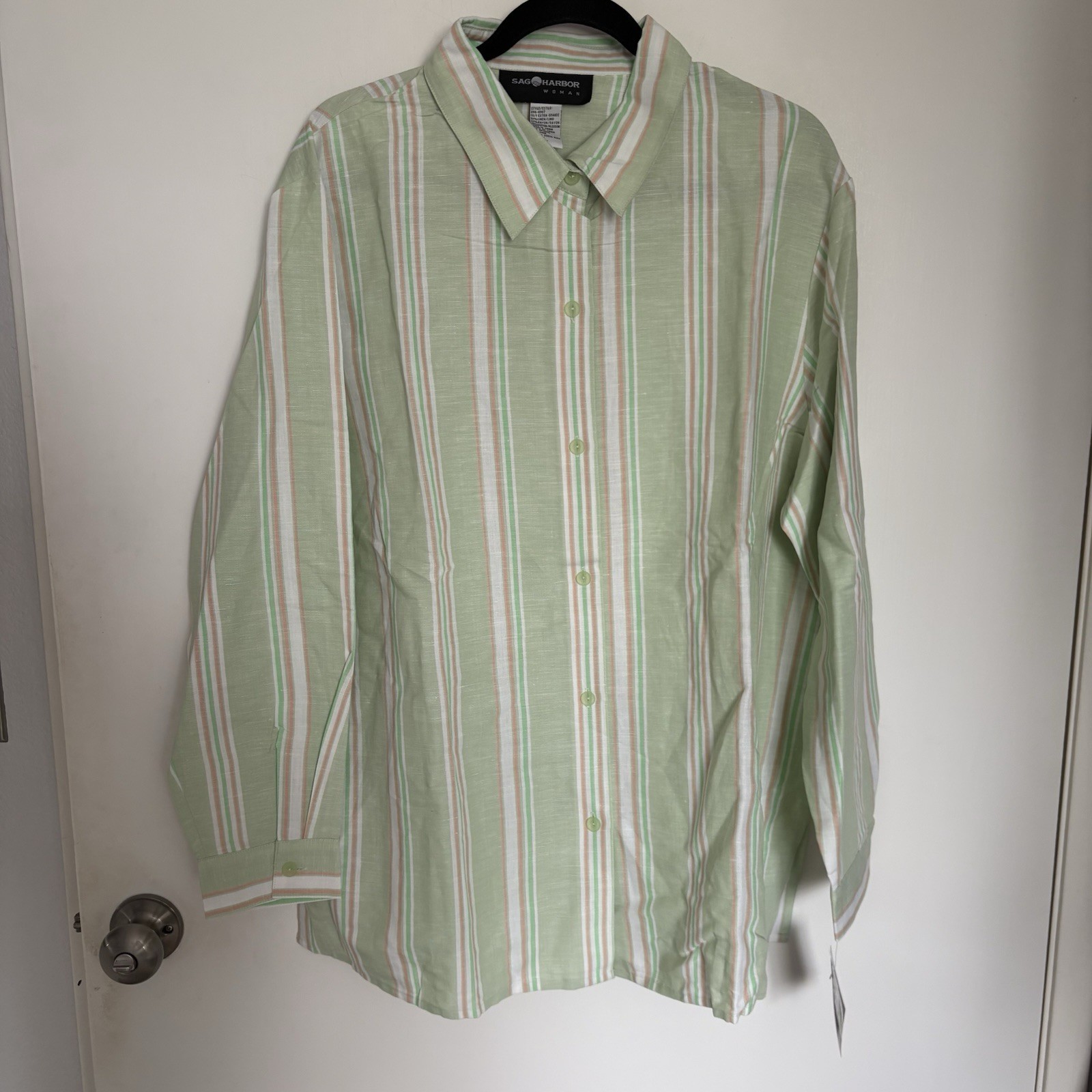 VINTAGE LINEN SAG HARBOR GREEN STRIPED LINEN/ BLOUSE SIZE 1X NWT