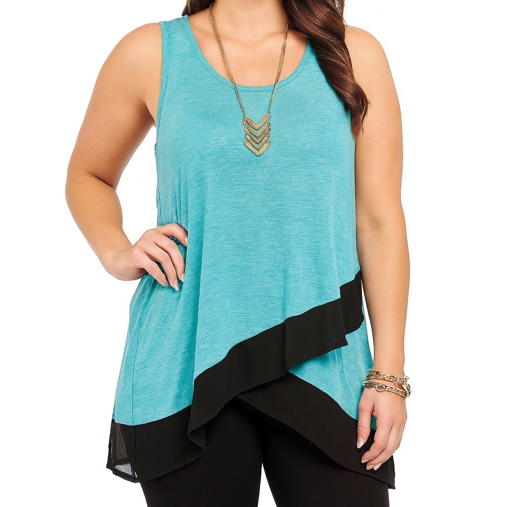 Vanity Essentials Women’s 2X Green Asymmetrical Chiffon Hem Tunic Tank Top Y2K