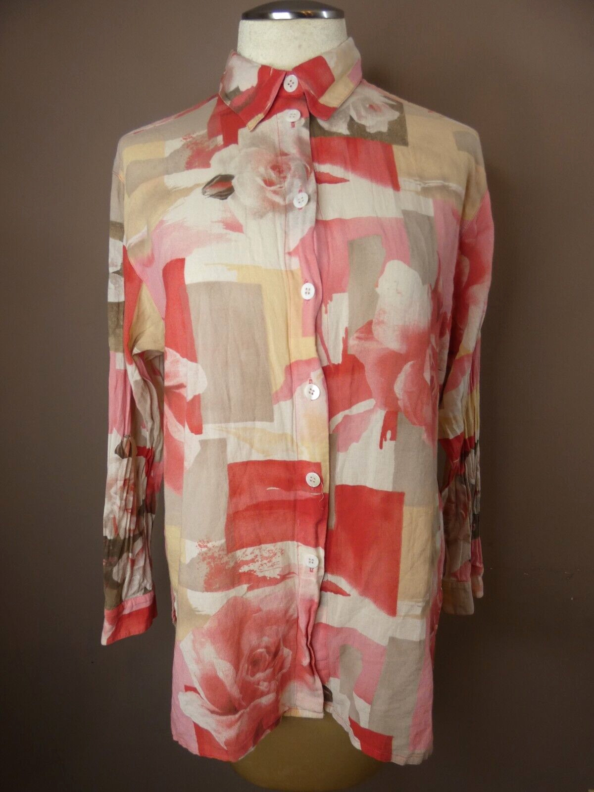 Hauber Peter Hahn Women’s US 14 Floral Button Up Top 100% Cotton Pink Cream