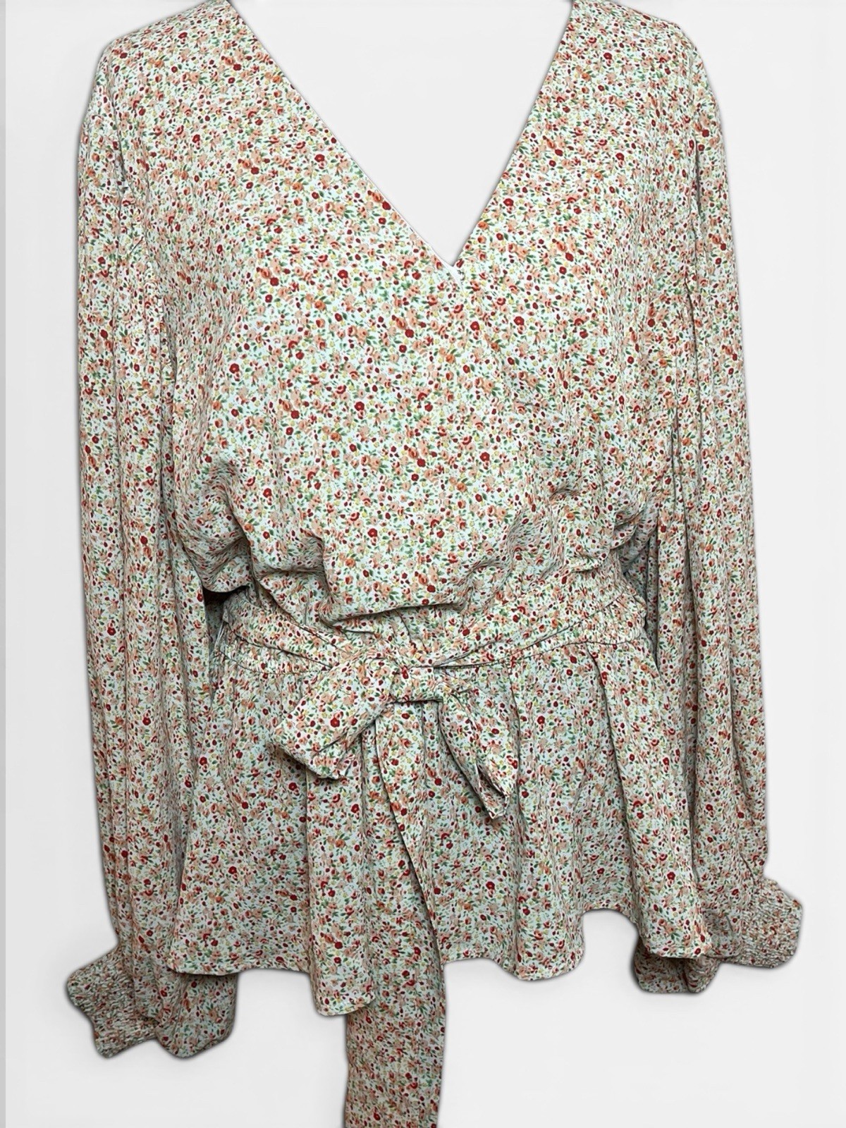 Arula Women’s 14 16 1X Floral Wrap Peplum Blouse Boho Cottagecore Tie Waist Top
