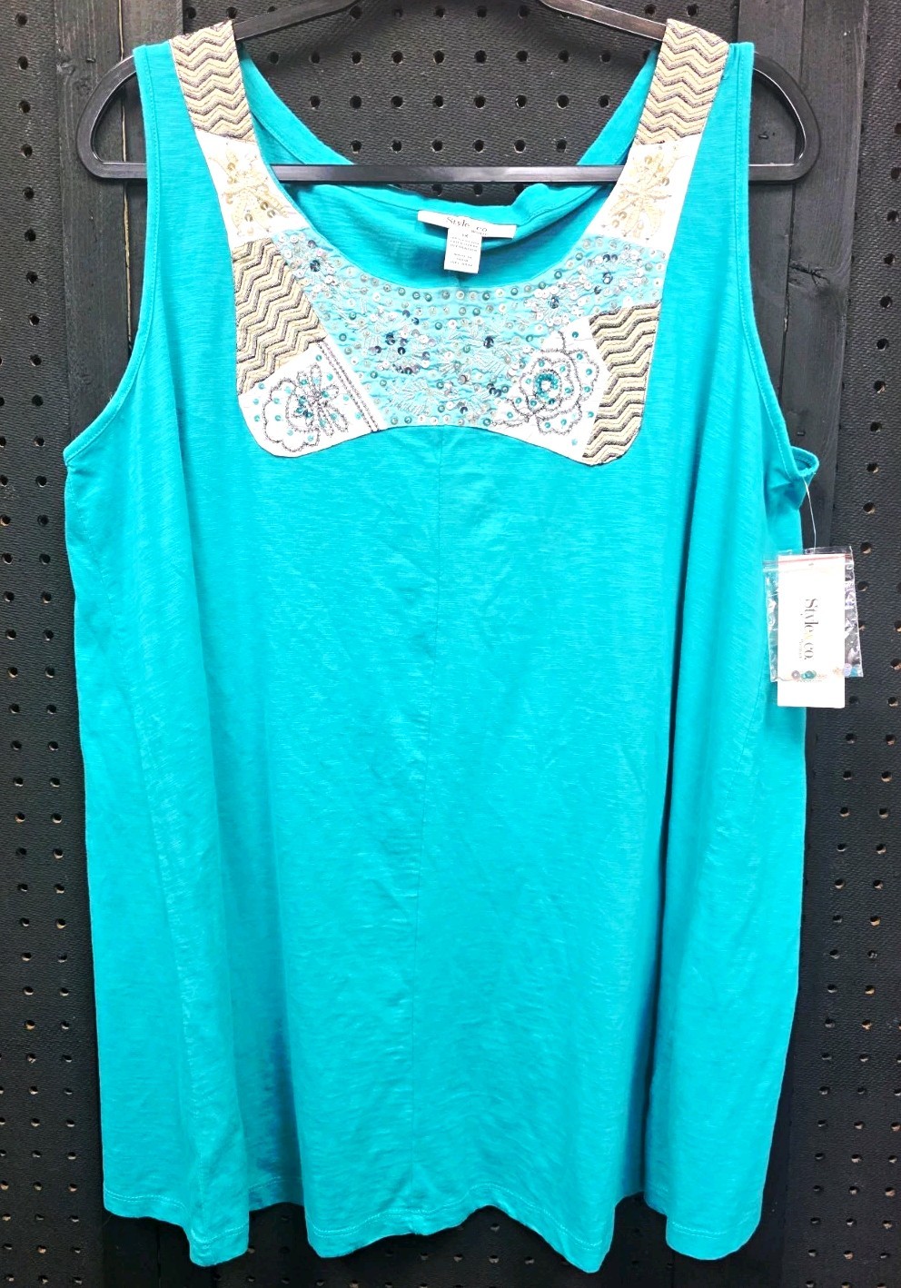 Style & Co. Women’s Plus 1X Teal Knit Cotton Beaded Sequin Scoop Tank Top
