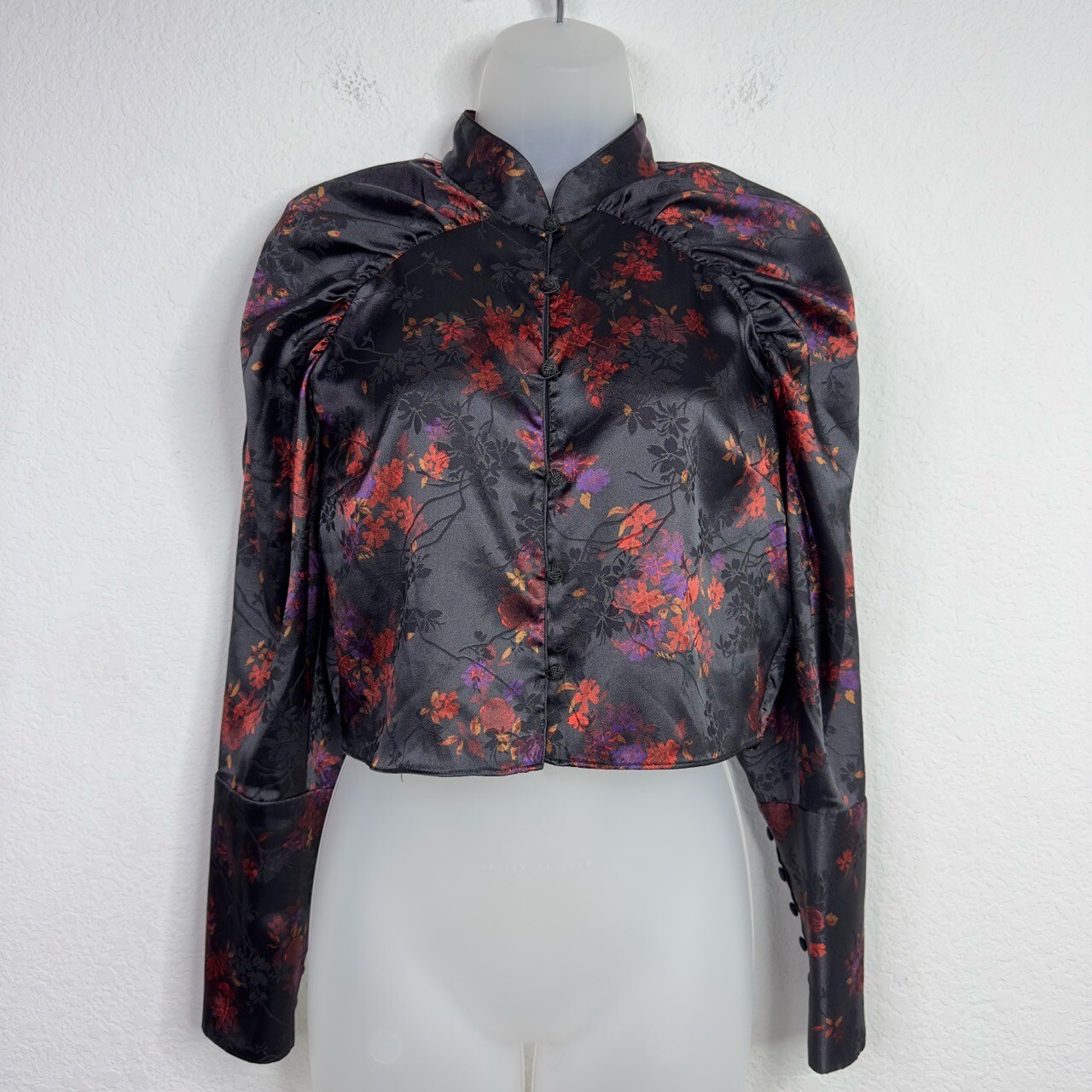 Zara Shirt Womens M Colorful Floral Puff Sleeve Asian Dark Romantic Whimsigoth