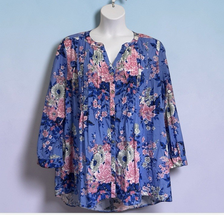 Roamans Plus Size 22W Blue Pink Floral Cotton Pintuck Tunic Blouse High Low Top