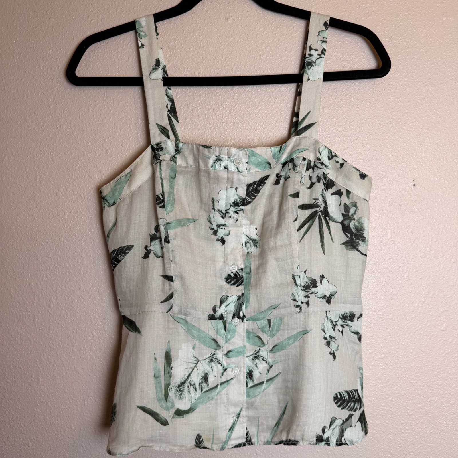 Banana Republic Ramie Tropical Floral Camisole Top Green Cream Smocked Back S