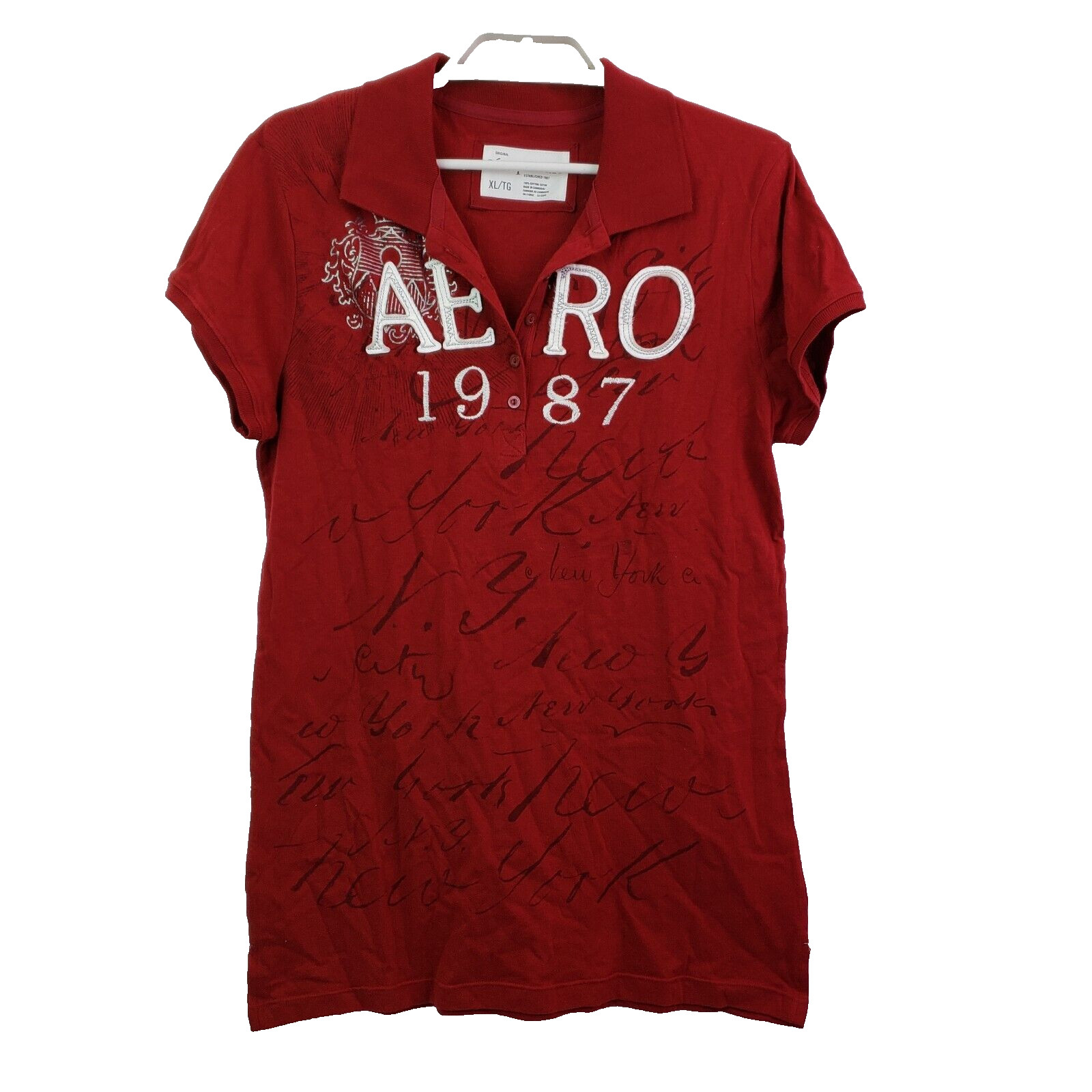 Aeropostale Womens Size XL Red V Neck Collard Button Down Aero 1987 Polo Shirt