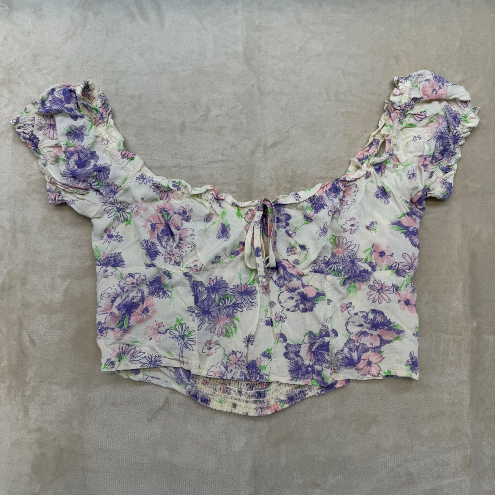 Abound Floral Crop Top Womens XL Purple Pink Excellent Smocked Tie Front Boho
