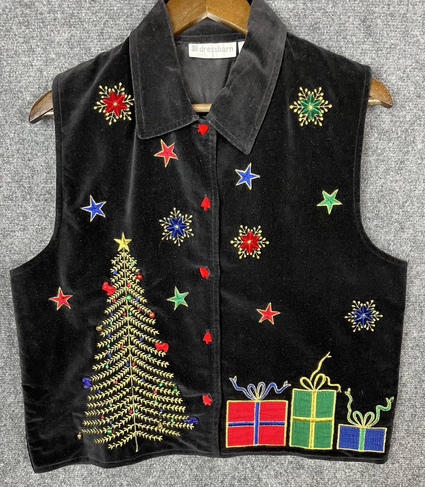 Vintage 90s Dressbarn Holiday Vest Black Velvet Christmas Tree Novelty Sz Large