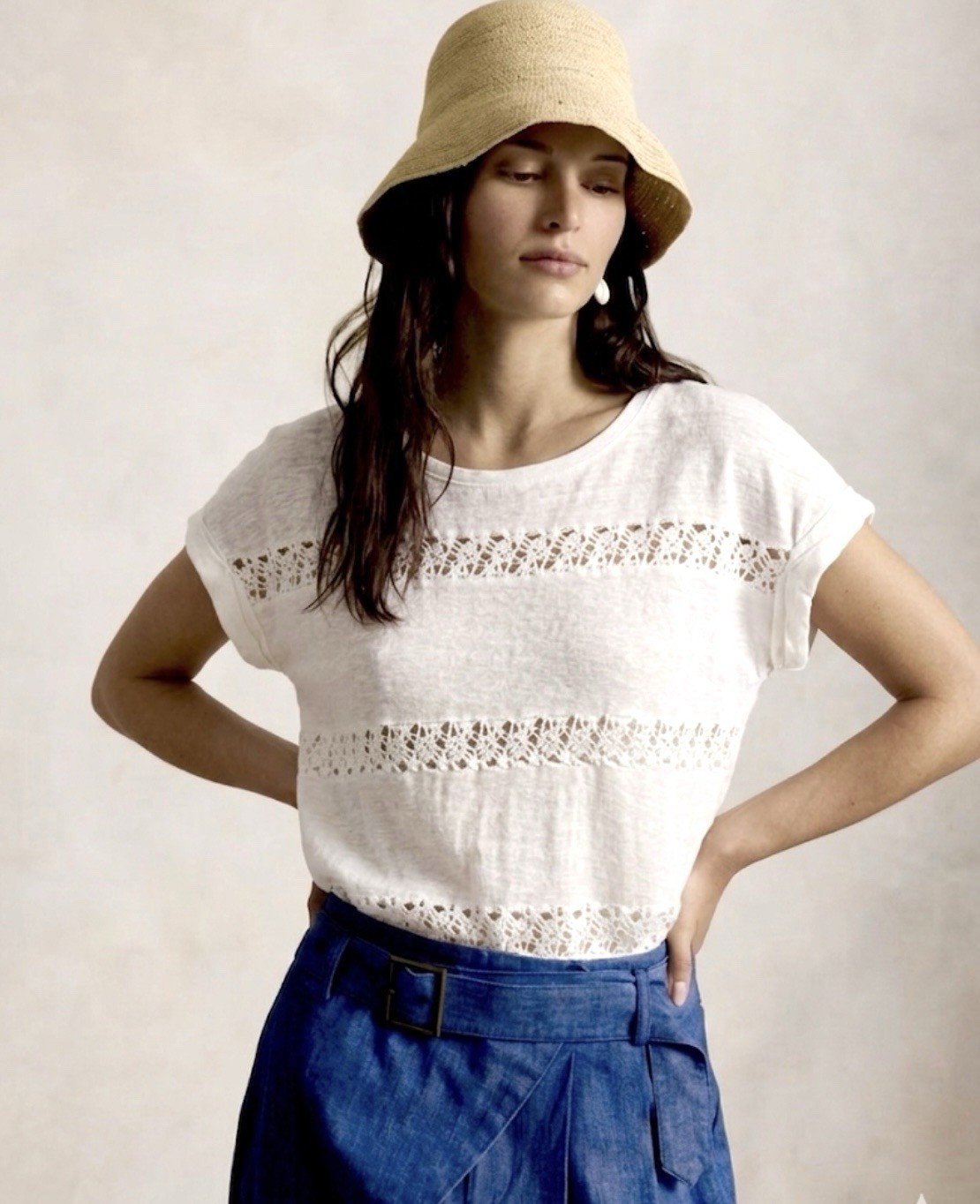 ANTHROPOLOGIE AKEMI + KIN CROCHET LINEN TOP L SHEER MINIMALIST QUIET LUXURY EC