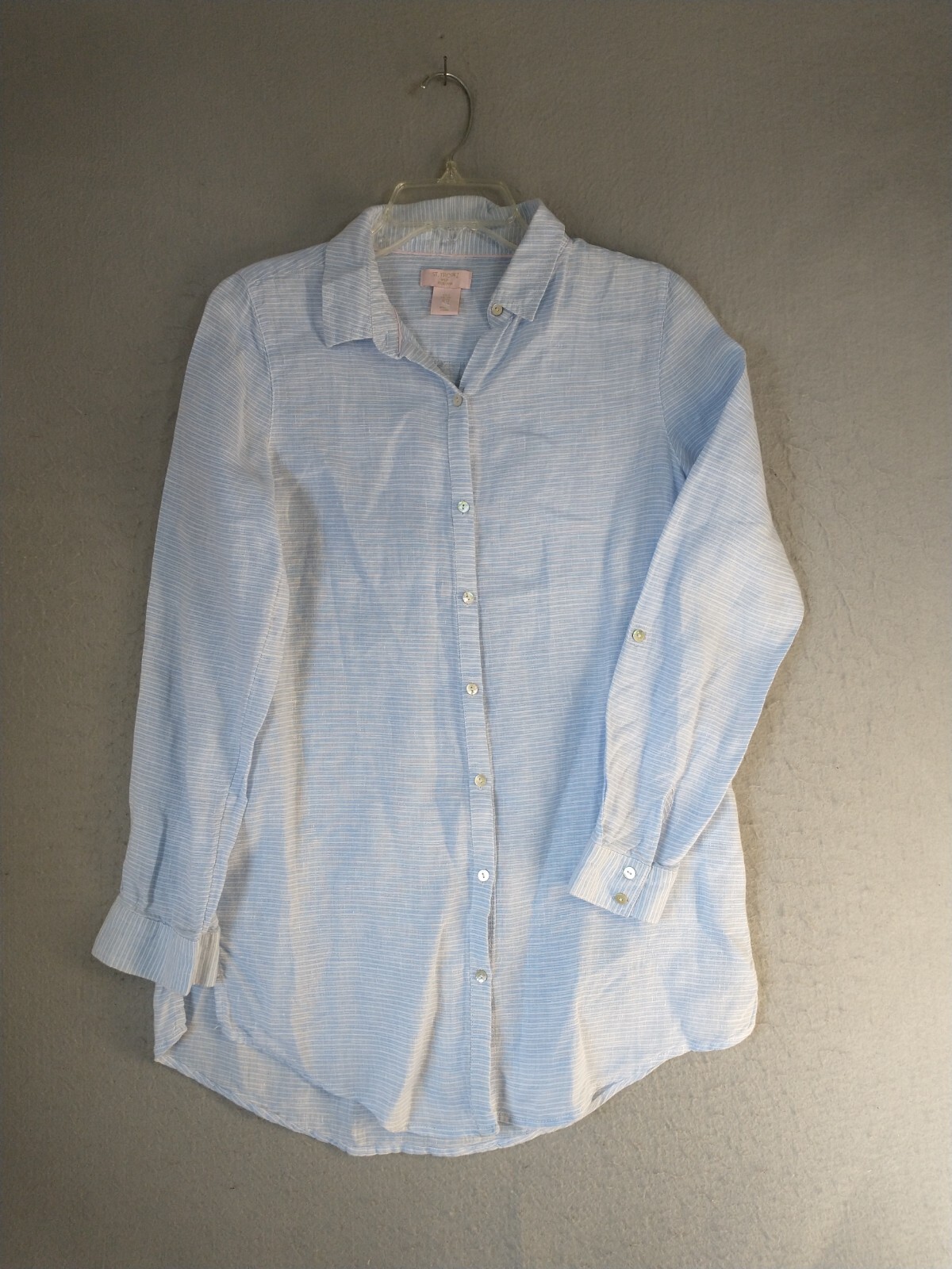 St Tropez West Womens Top Small Blue Linen Striped Long Sleeve Casual Button Up