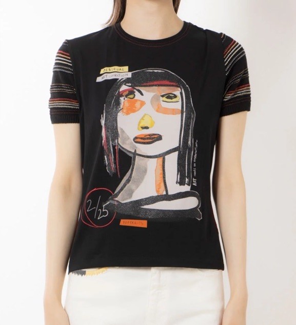 Desigual graphic print Tee shirt L Multi Art Black Artsy