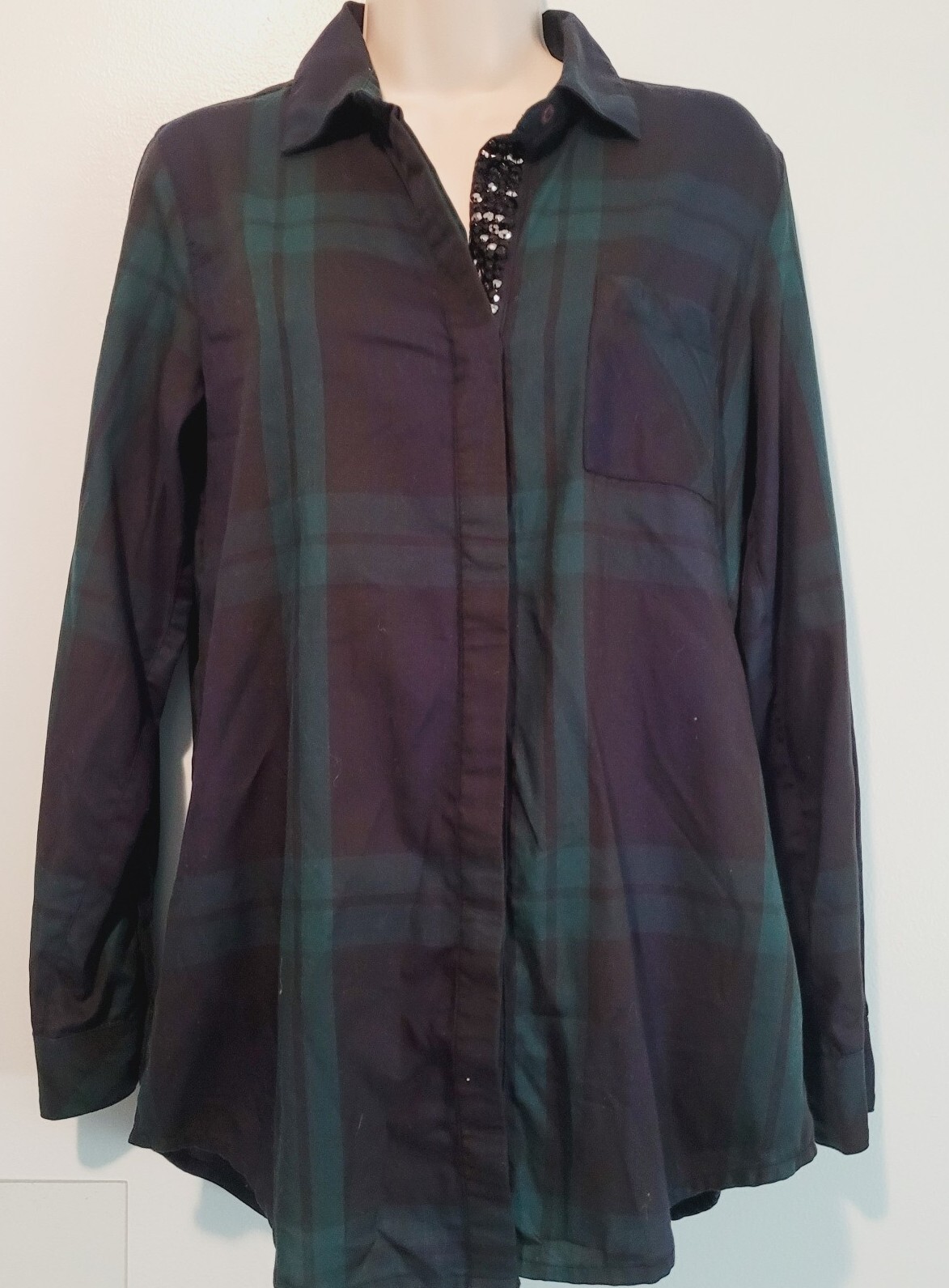 Orvis Blue Green Tartan Plaid Embellished Collar Button Front Shirt Women’s…