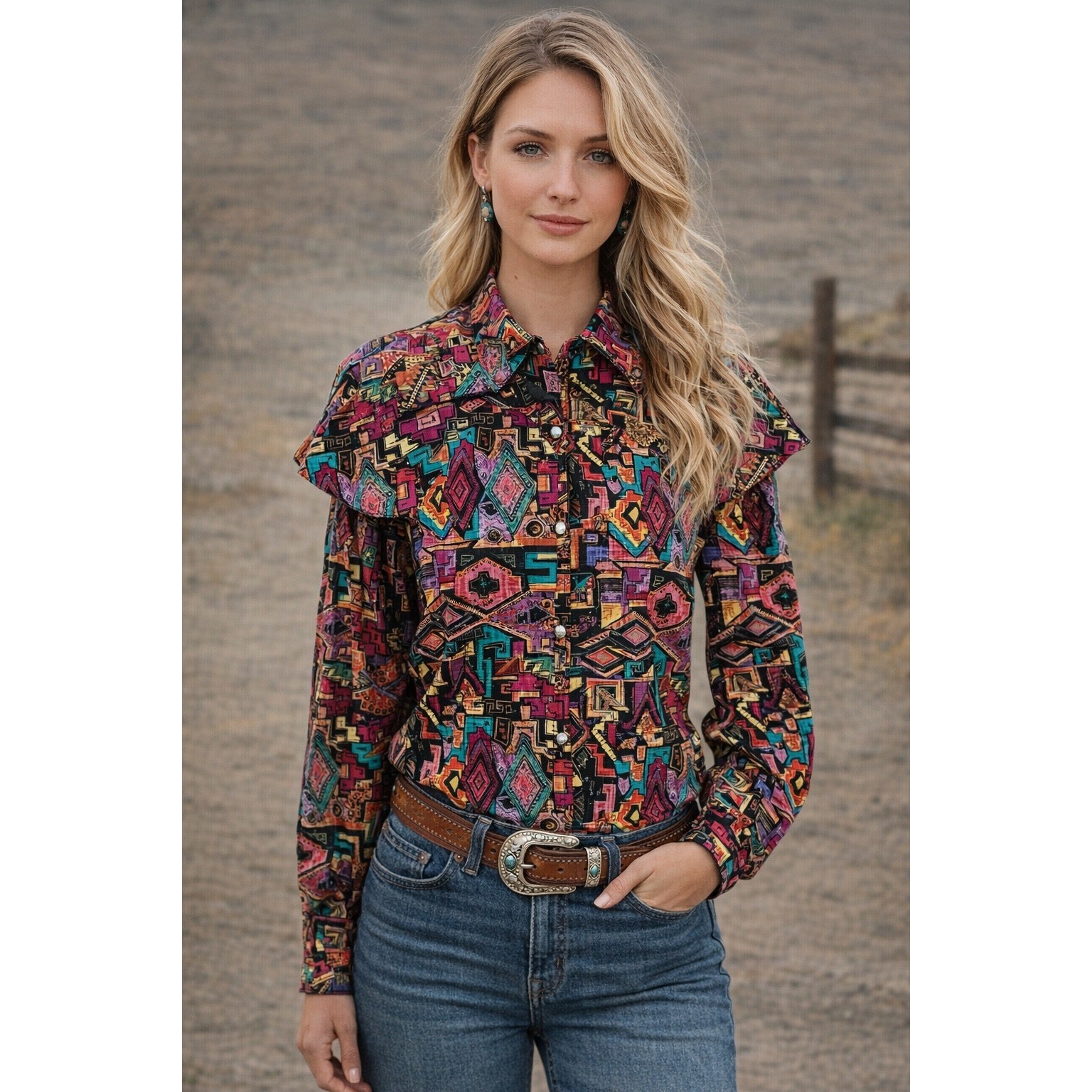 Women’s Vintage Western Shirt S Southwestern Aztec Cape Rodeo Style Cowgirl Chic
